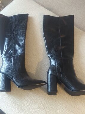 Black Croc-Embossed Over-the-Knee Block Heel Boots - Women